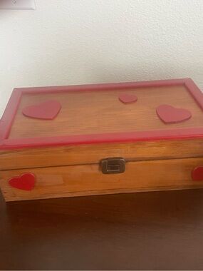 Decorative Wooden Keepsake Box with Red Heart Accents